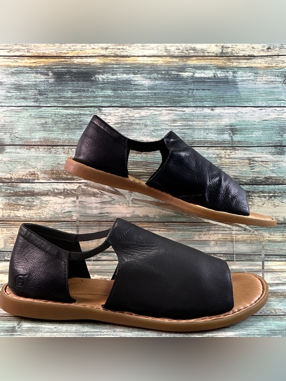 BORN Cove Modern Slip On Flat Sandals Womens 11M Black Leather Open Toe Casual